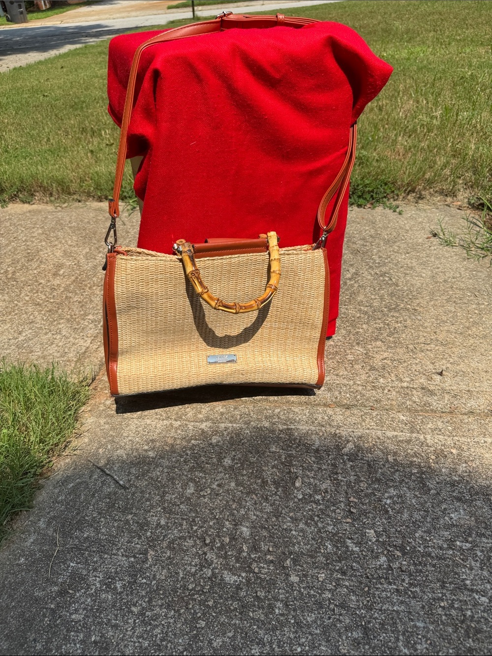 Jones New York Natural Straw Shoulder Bag with Tan Trim and Bamboo Handles